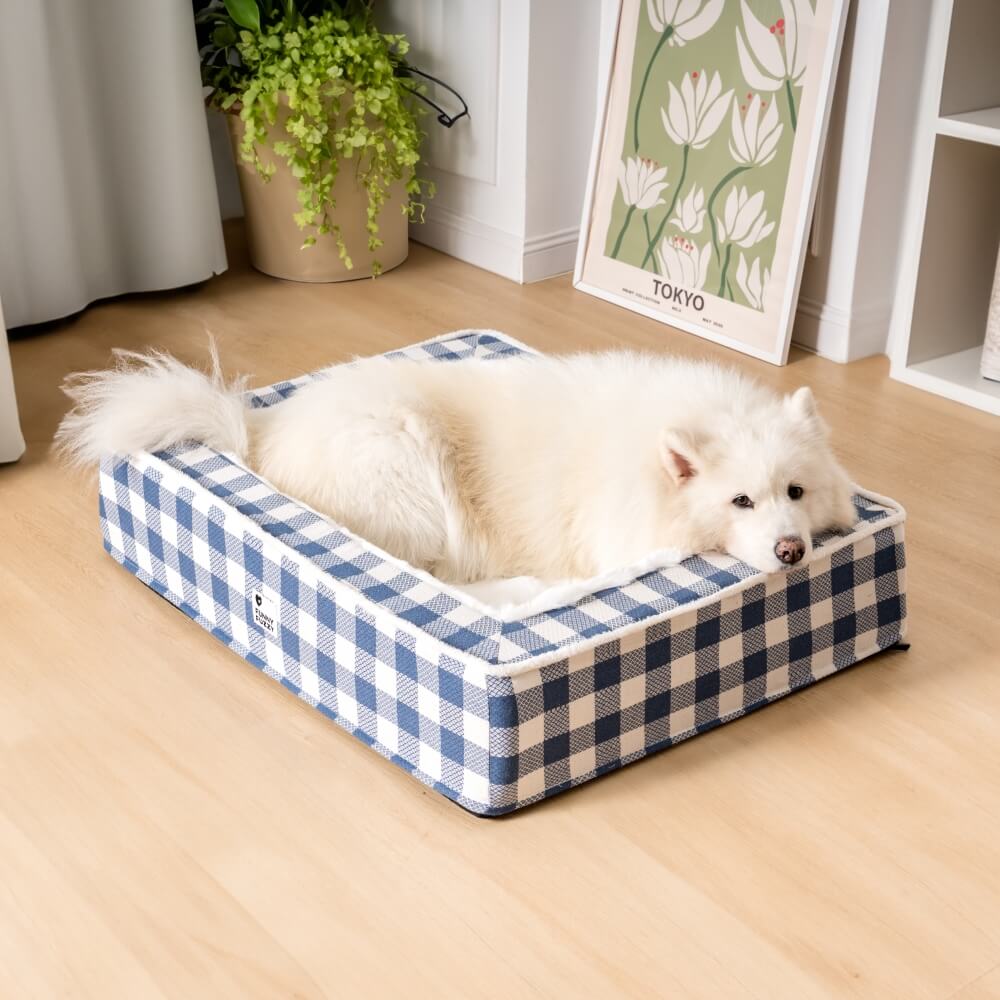 Cama festiva clássica tartan aconchegante para cães anti-ansiedade calmante