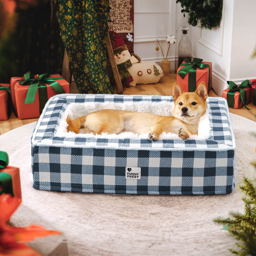 Cama festiva clássica tartan aconchegante para cães anti-ansiedade calmante