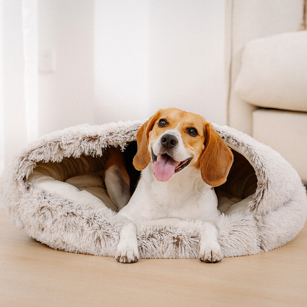 Cama pita calmante de pelúcia semi-fechada para animais de estimação para cães